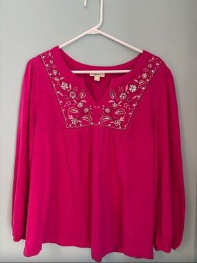 Style & Co. Fuchsia Long-Sleeve Embroidered V-Neck Tunic